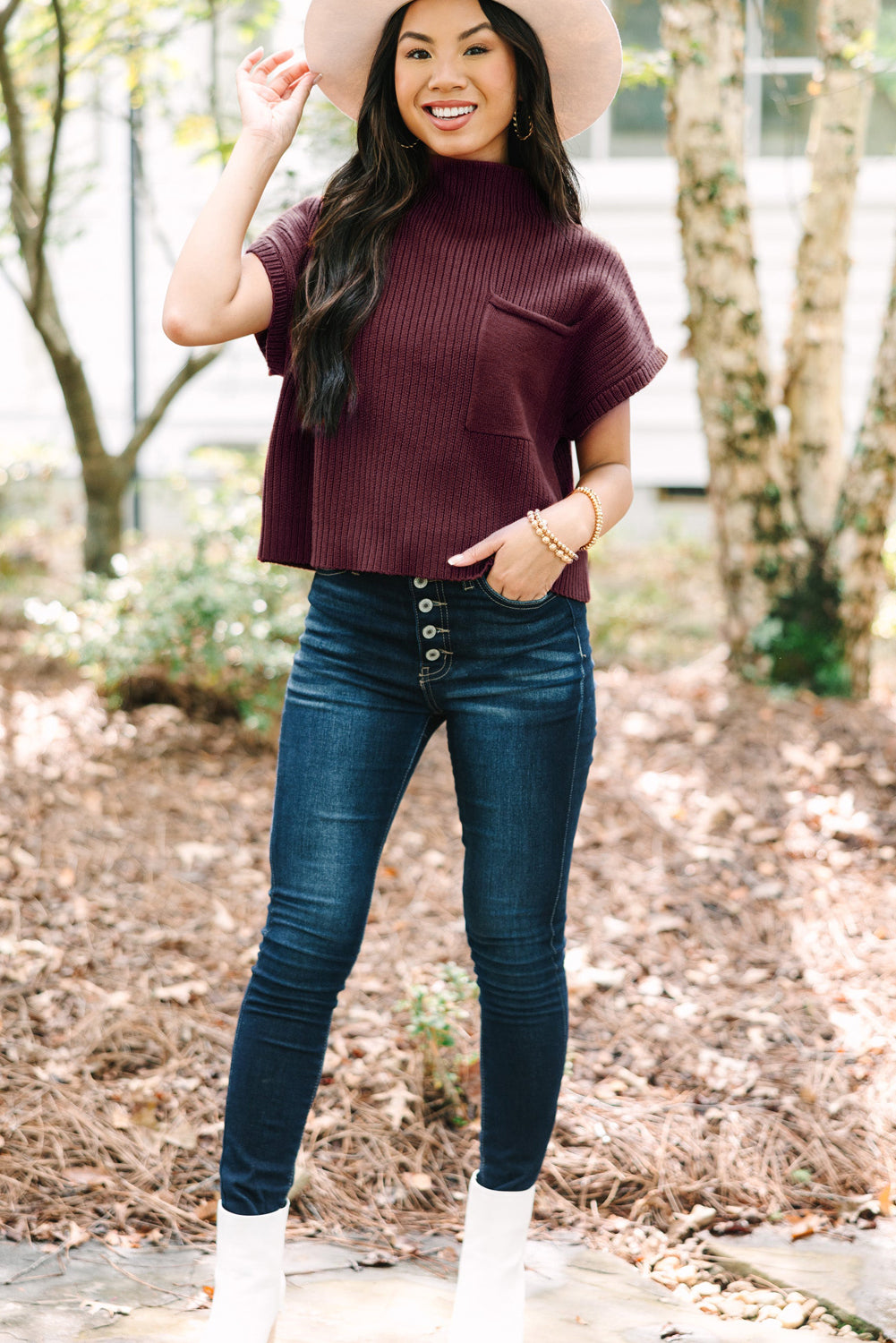 Pink Patch Pocket Ribbed Knit Short Sleeve Sweater 