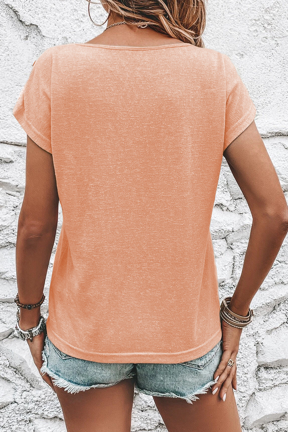 Smoke Gray Solid Color Button Decor Batwing Sleeve Tee