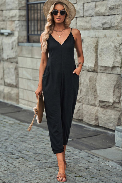 Blue Casual Textured Sleeveless V-Neck Pocketed Jumpsuit - Vesteeto