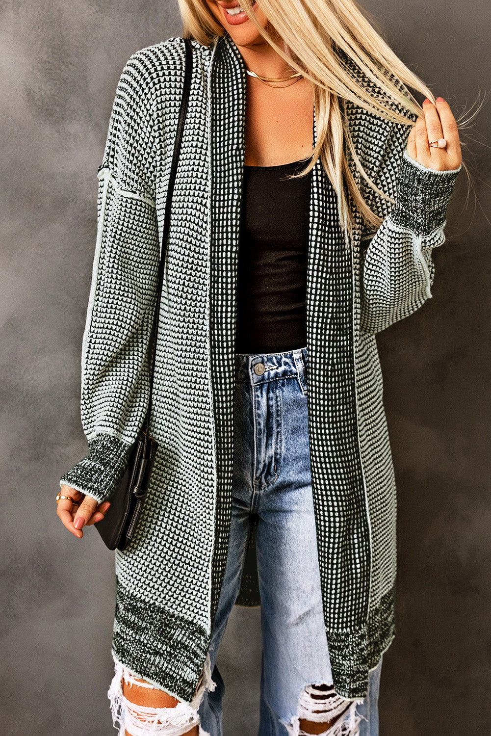 Pink Plaid Contrast Trim Casual Knit Long Cardigan 