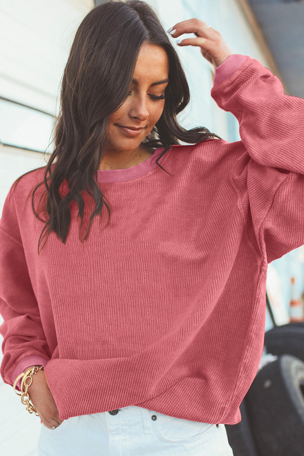 Orange Plain Drop Sleeve Crinkle Rib Oversized Sweatshirt 