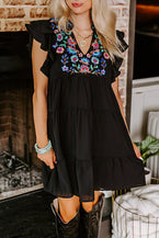 Black Floral Embroidered Frill Neck Ruffle Babydoll Tiered Dress