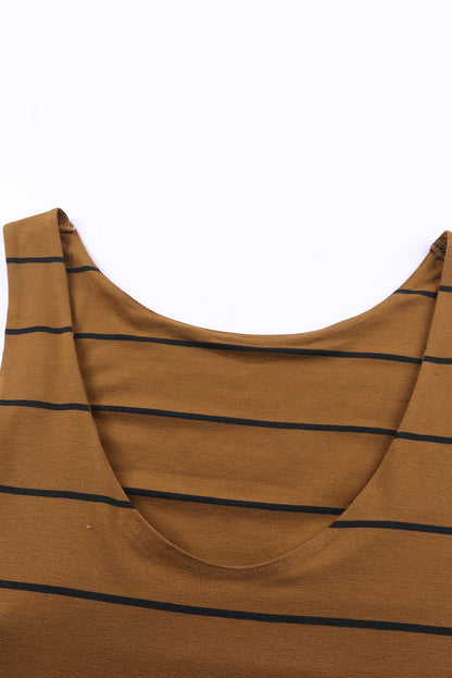 Khaki Striped Backless Casual Side Slits Maxi Dress