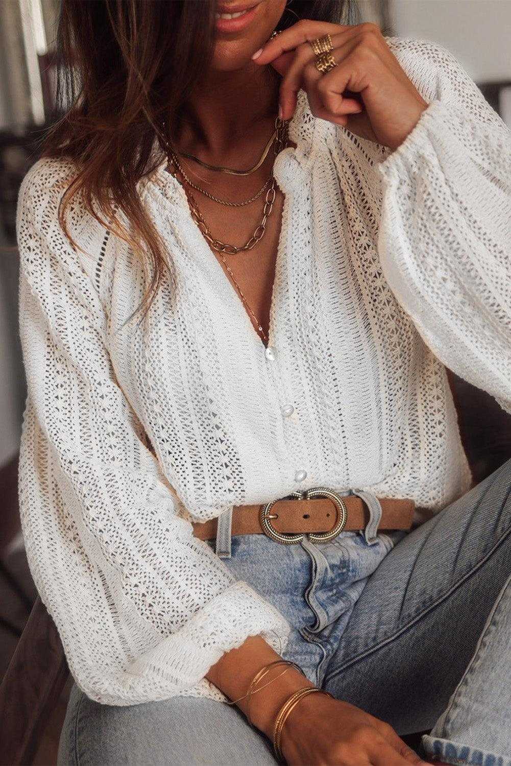 White Notch Neck Button Down Raglan Sleeve Crochet Top 