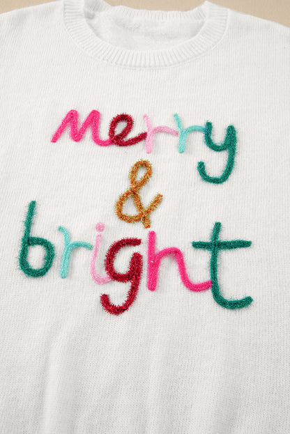 White Glitter Merry & Bright Round Neck Knit Sweater 