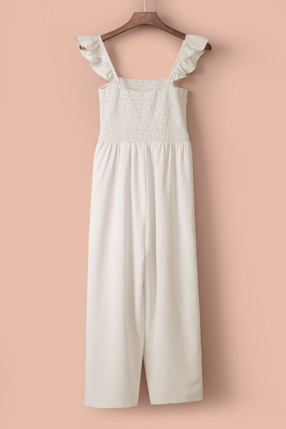 White Smocked Ruffle Strap Pocket Wide Leg Jumpsuit 