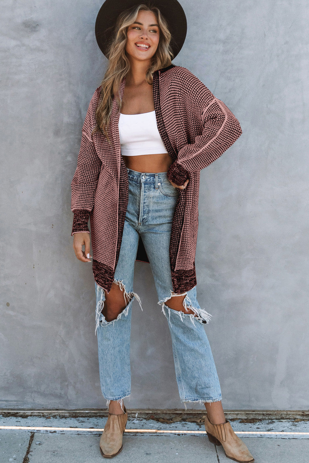 Pink Plaid Contrast Trim Casual Knit Long Cardigan 