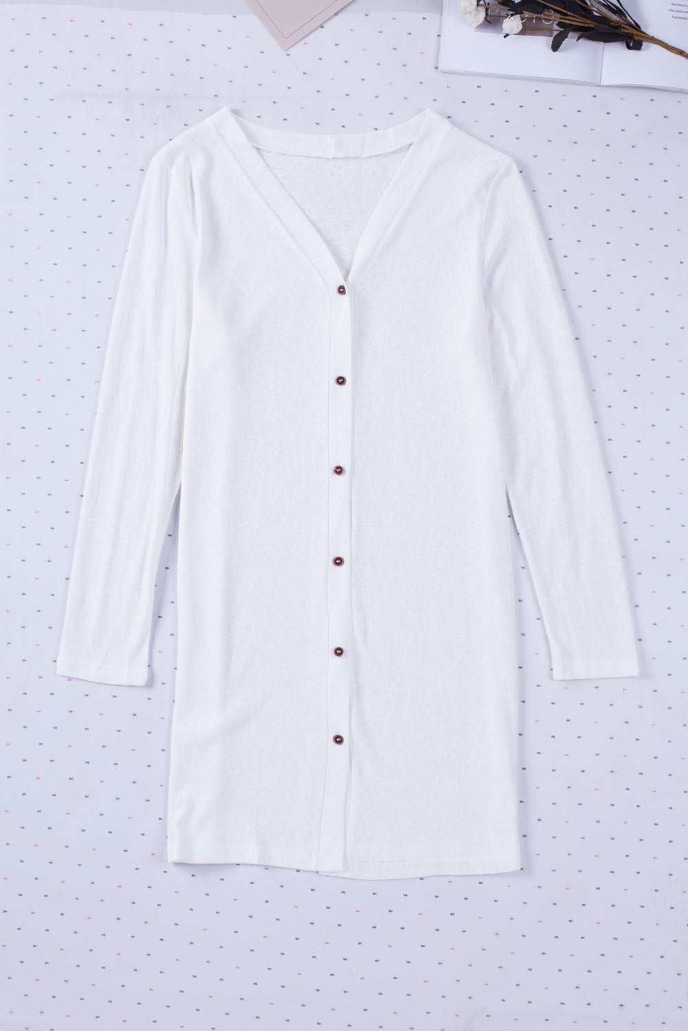 White Solid Button Up V Neck Long Cover Up 