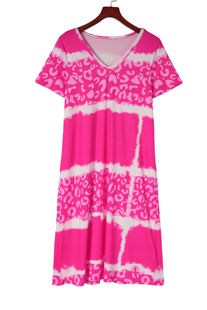 Rose Leopard Tie Dye Color Block V-Neck T-Shirt Dress