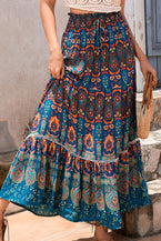 Blue Bohemian Ethnic Print Lace Patchwork Maxi Skirt