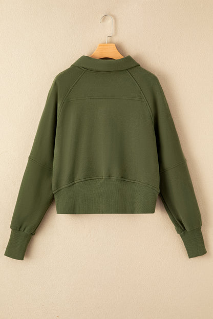 Smoke Green Zip Up Stand Collar Ribbed Thumbhole Sleeve Sweatshirt 