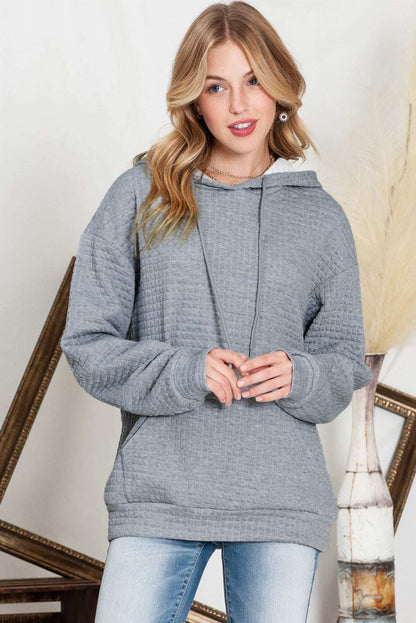 Black Lattice Textured Kangaroo Pocket Drawstring Hoodie 