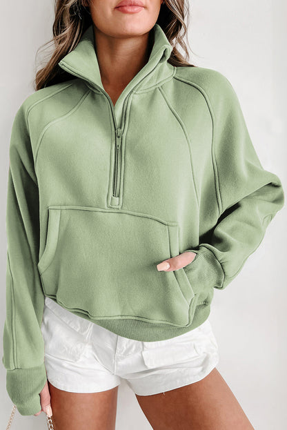 Smoke Green Zip Up Stand Collar Ribbed Thumbhole Sleeve Sweatshirt 