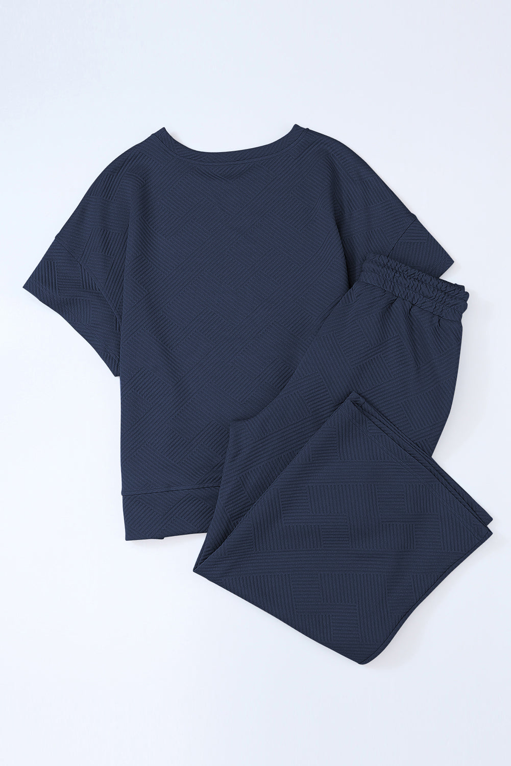 Navy Blue Textured Loose Fit T Shirt and Drawstring Pants Set 