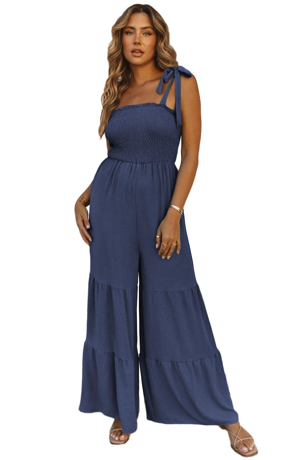 Apricot Tie Straps Shirred Casual Tiered Wide Leg Jumpsuit - Vesteeto