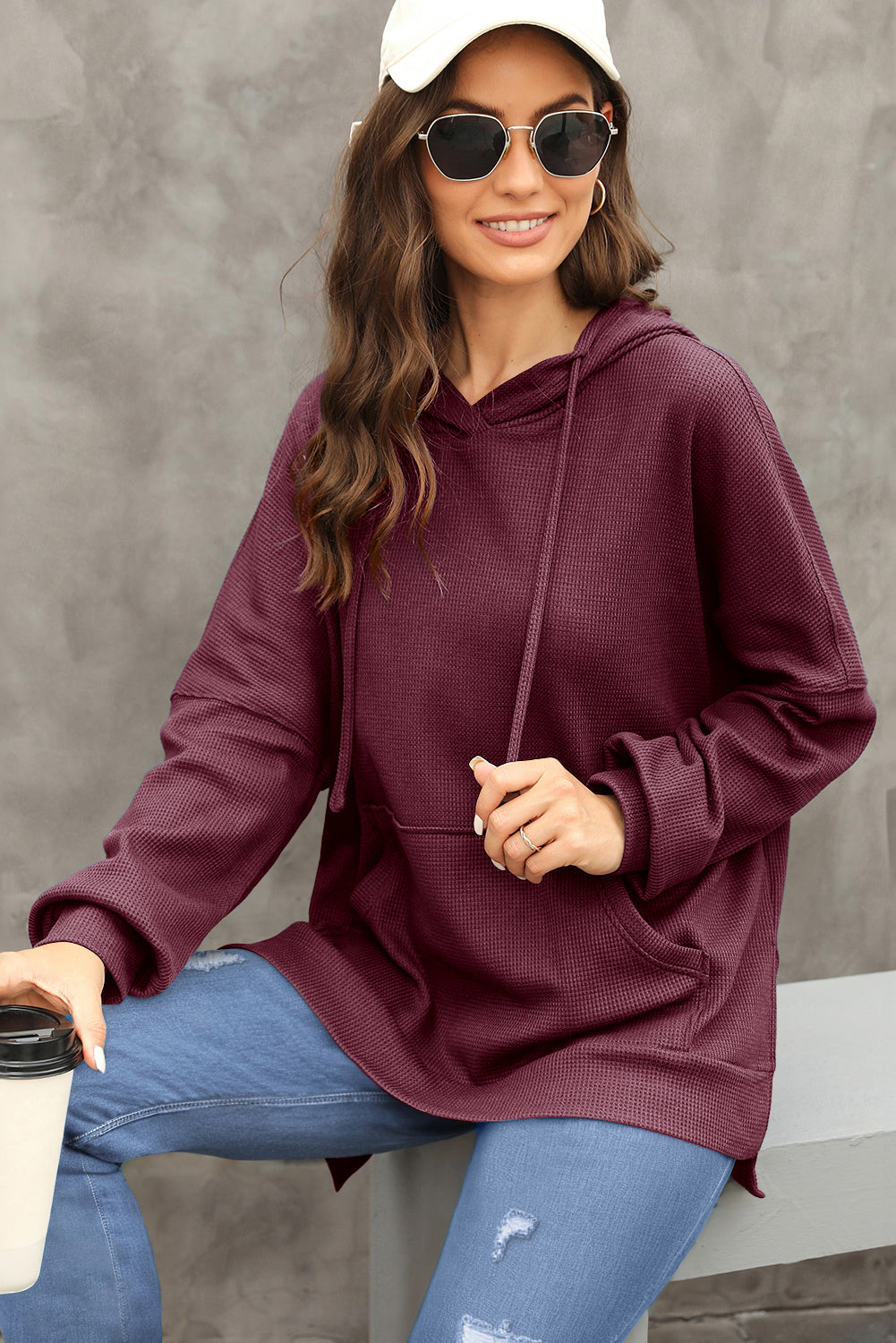 Coffee Waffle Knit High Low Oversized Hoodie 