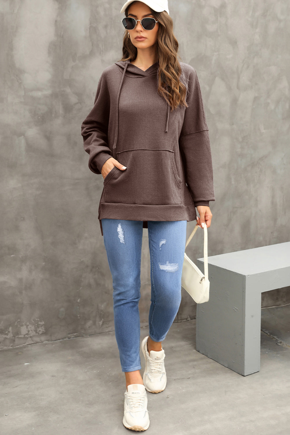 Coffee Waffle Knit High Low Oversized Hoodie 