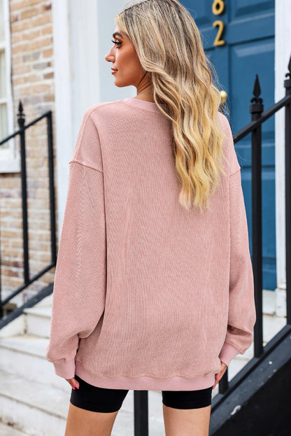 Pink Solid Ribbed Round Neck Pullover Sweatshirt 