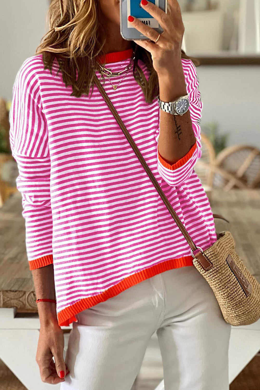 Striped Colorblock Trim Knit Pullover Sweater 