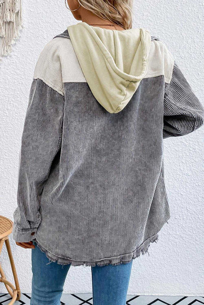 Gray Colorblock Raw Hem Patchwork Hooded Corduroy Jacket 