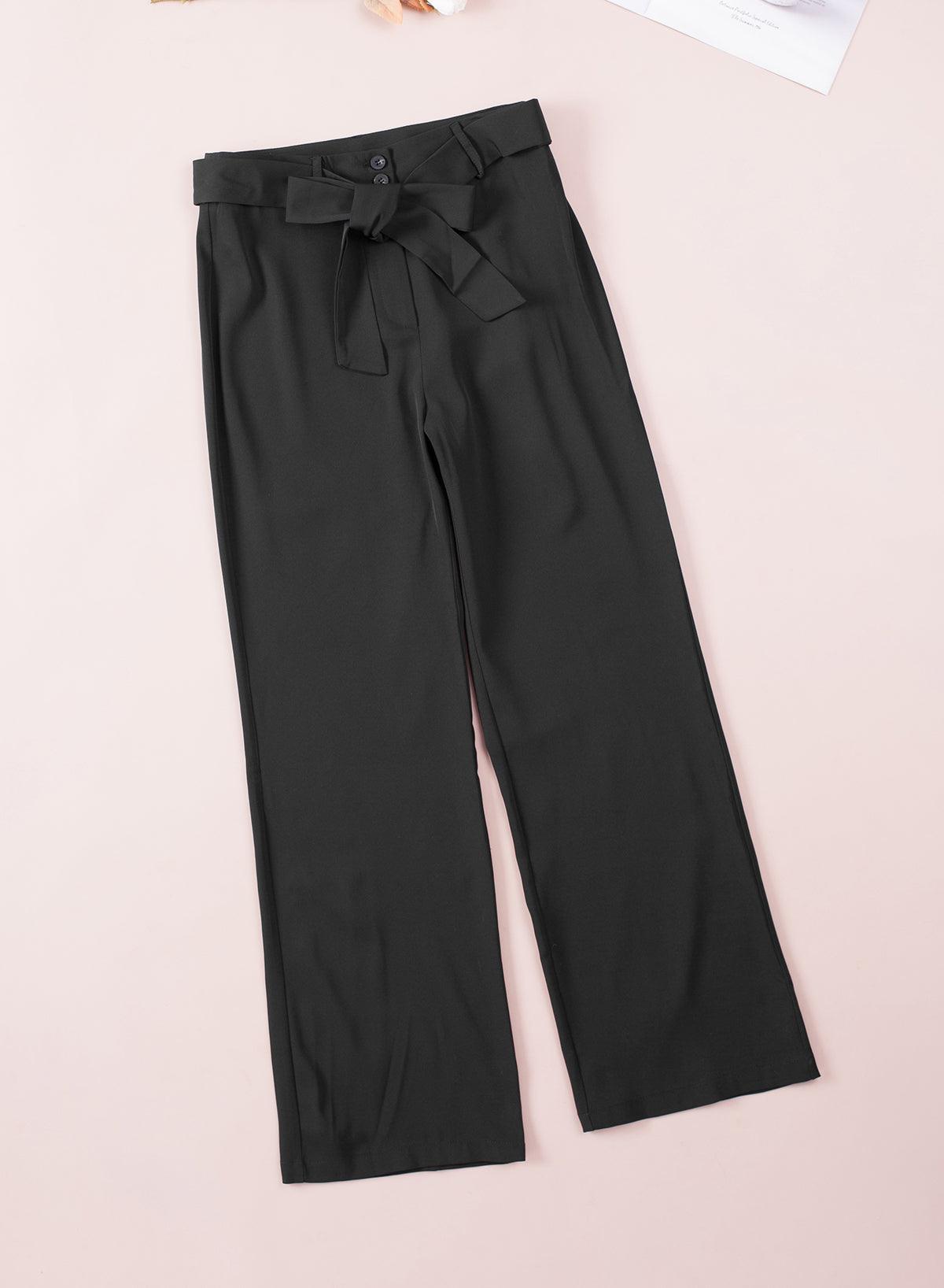 Black Belted Wide Leg High Waisted Pants for Women - Vesteeto