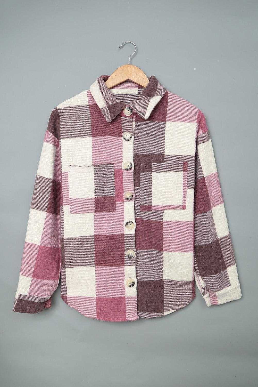 Plaid Color Block Buttoned Pocket Long Sleeve Shacket 