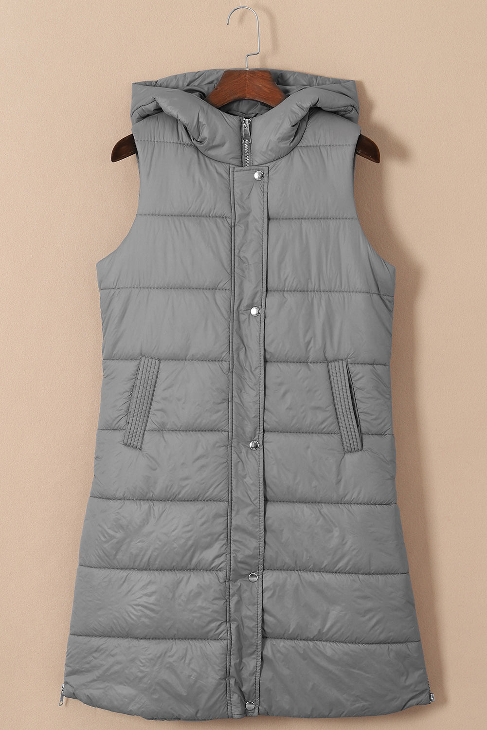 Dark Grey Hooded Pocketed Quilted Long Vest Coat 