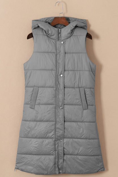 Dark Grey Hooded Pocketed Quilted Long Vest Coat 