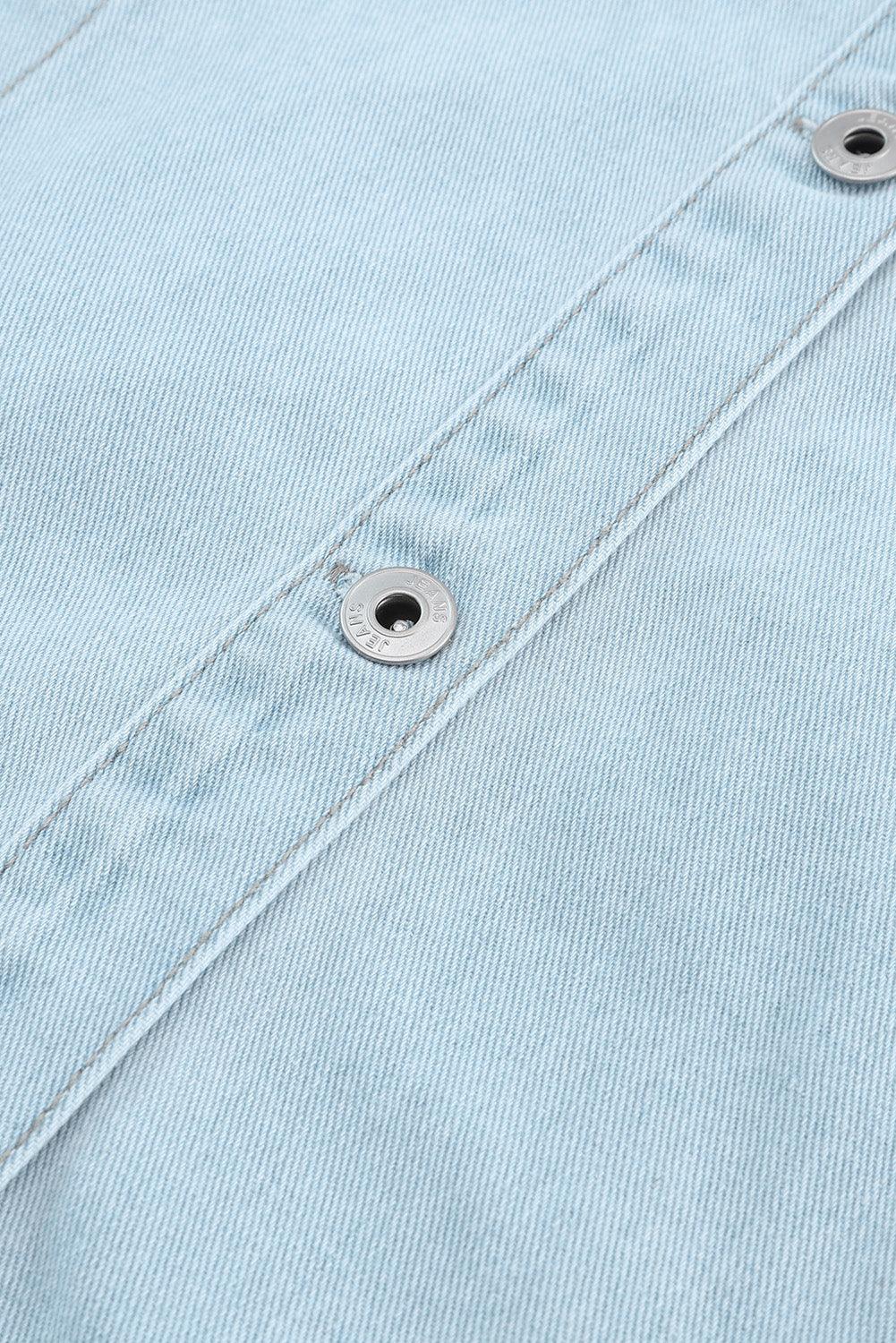 Light Blue Flap Pocket Buttoned Raw Hem Denim Shacket - Vesteeto