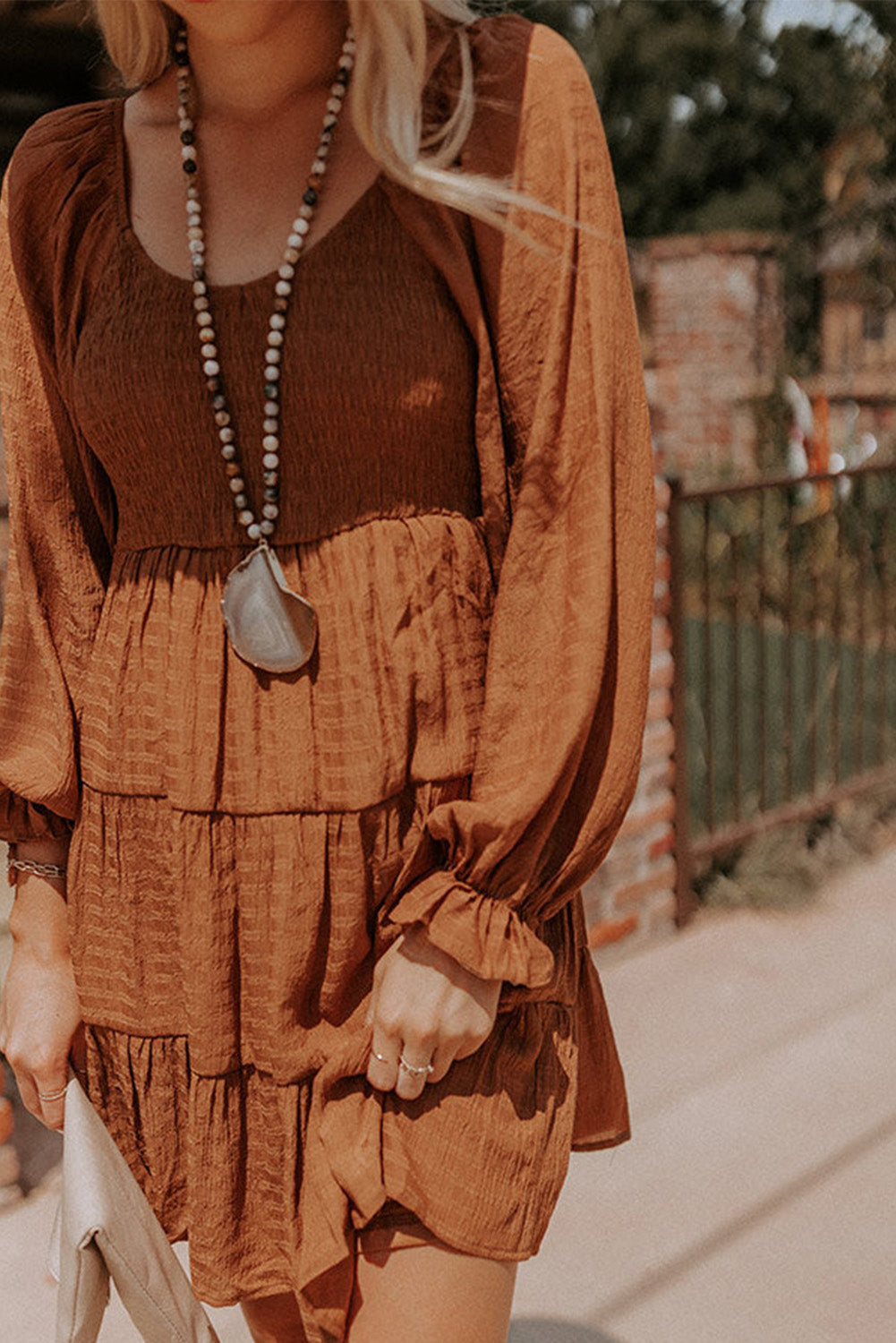 Brown Long Sleeve Smocked Tiered Boho Dress 