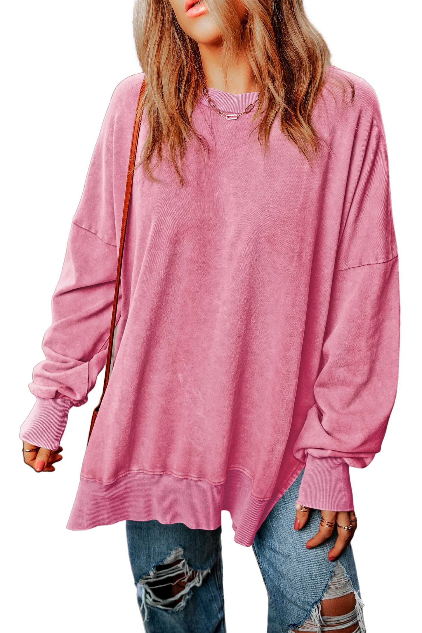 Pink Plain Drop Shoulder Ribbed Trim Oversized Sweatshirt 