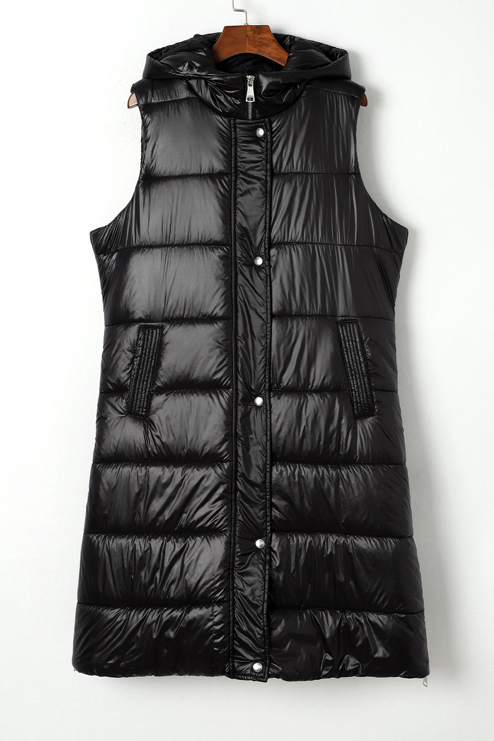 Dark Grey Hooded Pocketed Quilted Long Vest Coat 