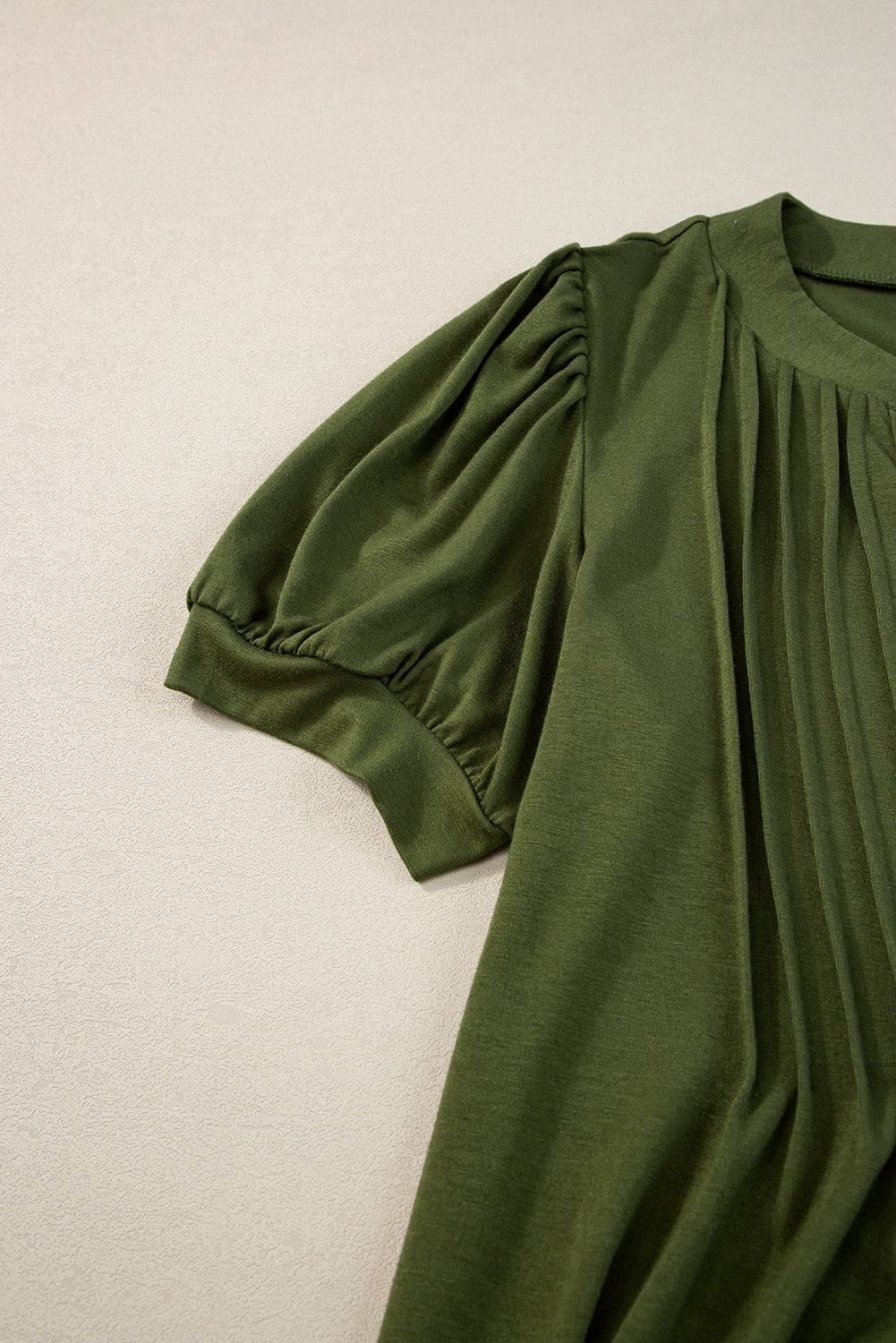 Fern Green Notched Neck Puff Sleeve Pleated T Shirt Dress 