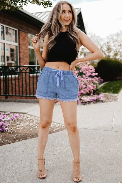 Light Blue Casual Frayed Pocketed Denim Shorts 