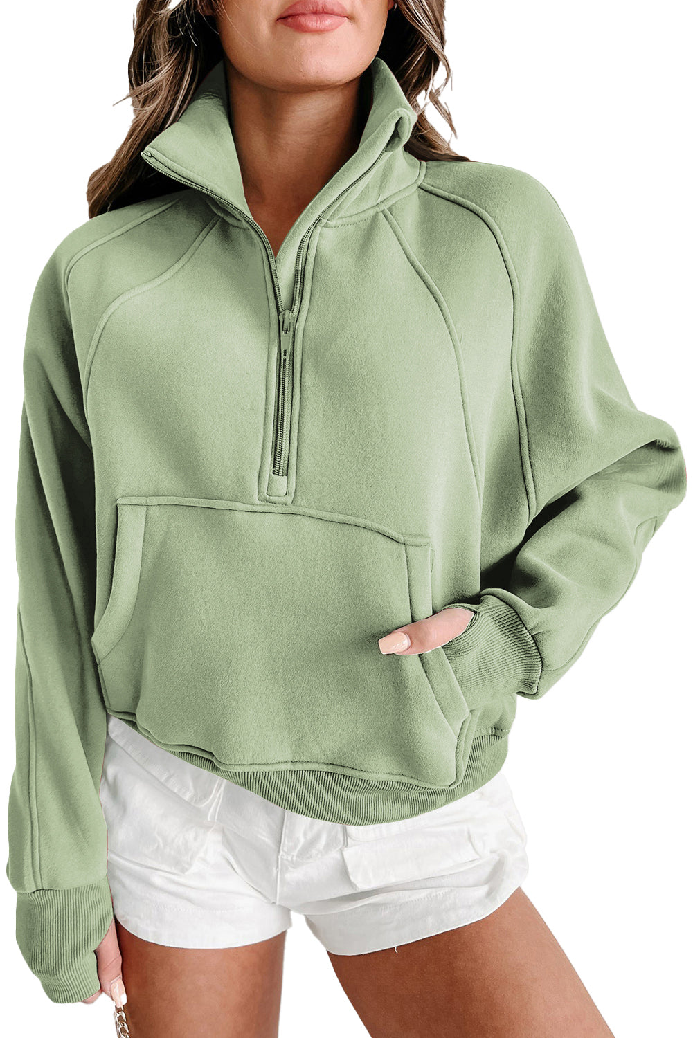 Smoke Green Zip Up Stand Collar Ribbed Thumbhole Sleeve Sweatshirt 