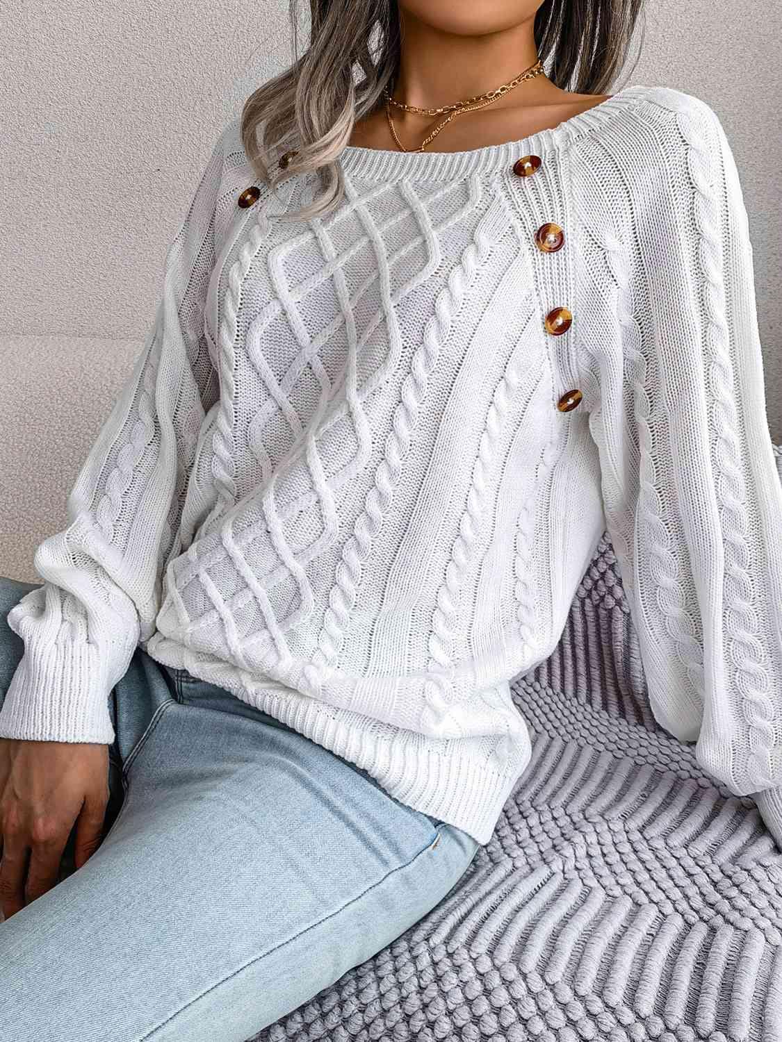 Decorative Button Cable-Knit Sweater - Vesteeto