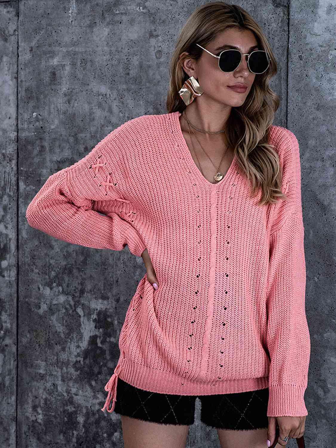 Lace-Up V-Neck Dropped Shoulder Sweater - Vesteeto