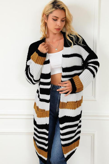 Striped Open Front Cardigan with Pockets - Vesteeto