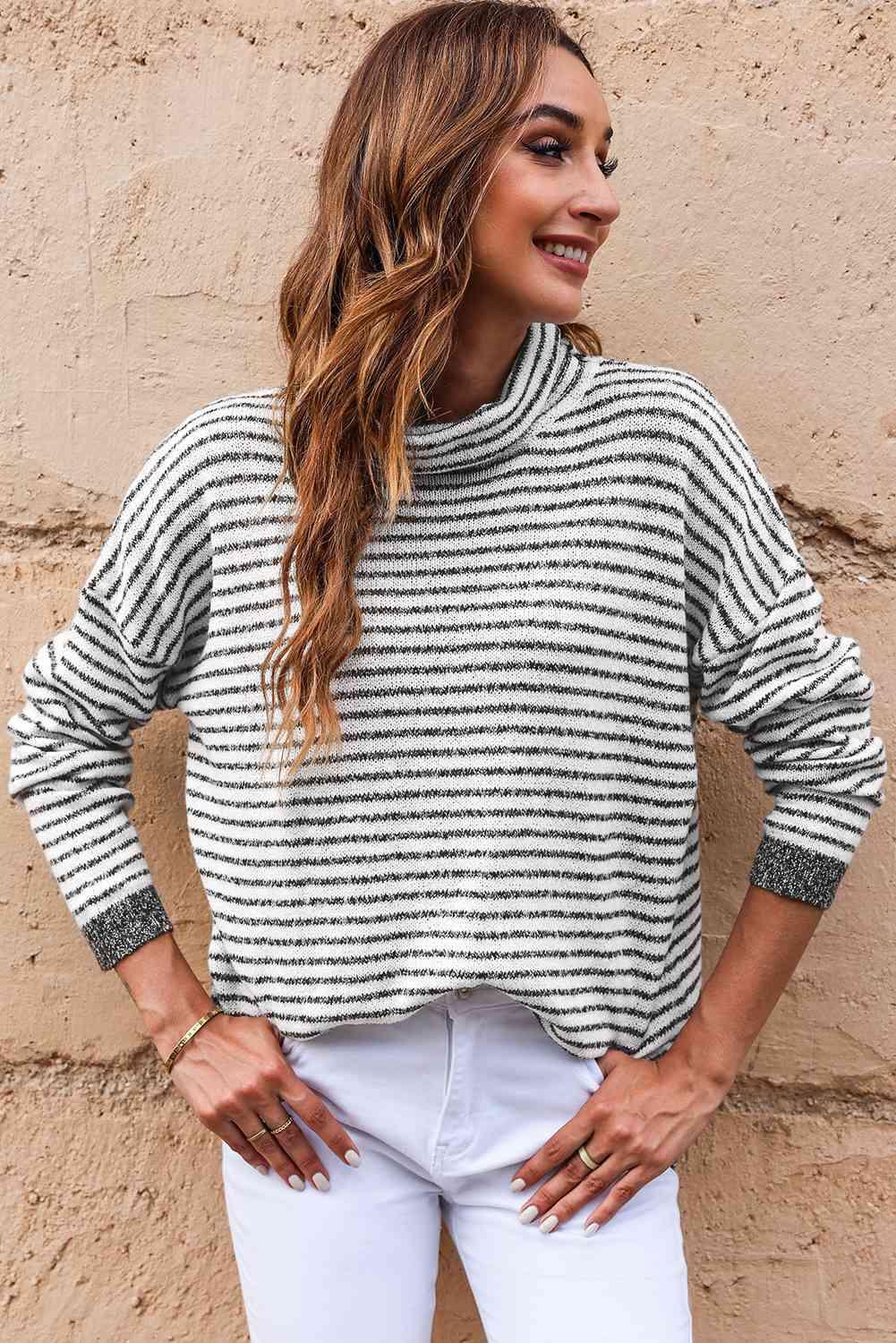 Striped Drop Shoulder Turtleneck Sweater - Vesteeto