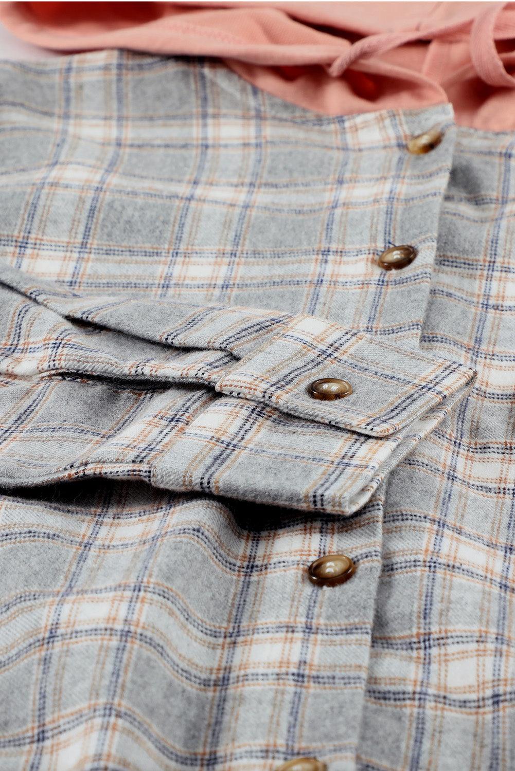 Plaid Drawstring Hooded Shirt Jacket - Vesteeto