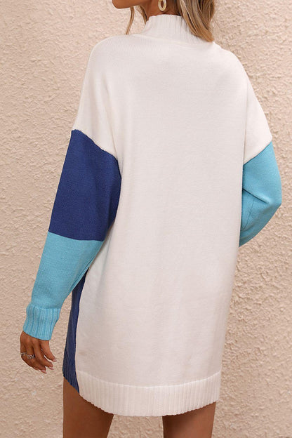 Color Block Mock Neck Dropped Shoulder Sweater Dress - Vesteeto
