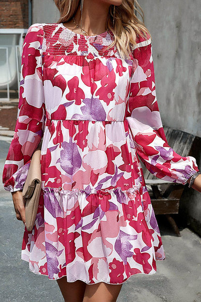 Smocked Floral Print Long Sleeve Mini Dress - Vesteeto