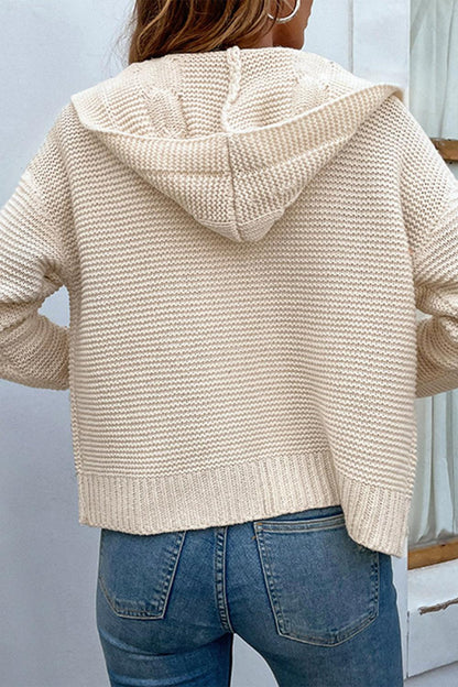 Cable-Knit Dropped Shoulder Hooded Cardigan - Vesteeto