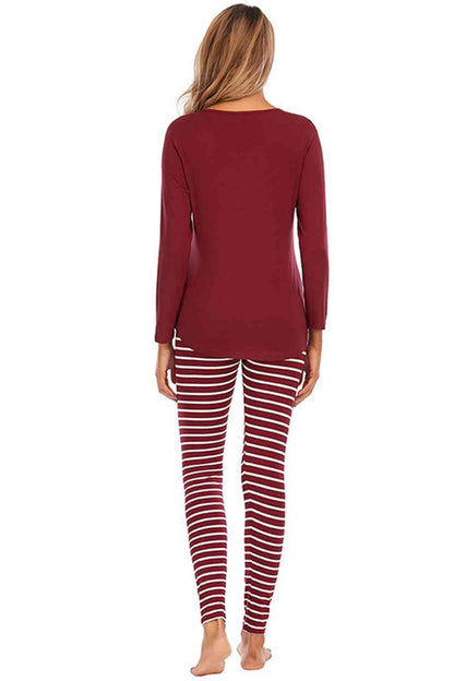 Graphic Round Neck Top and Striped Pants Set - Vesteeto