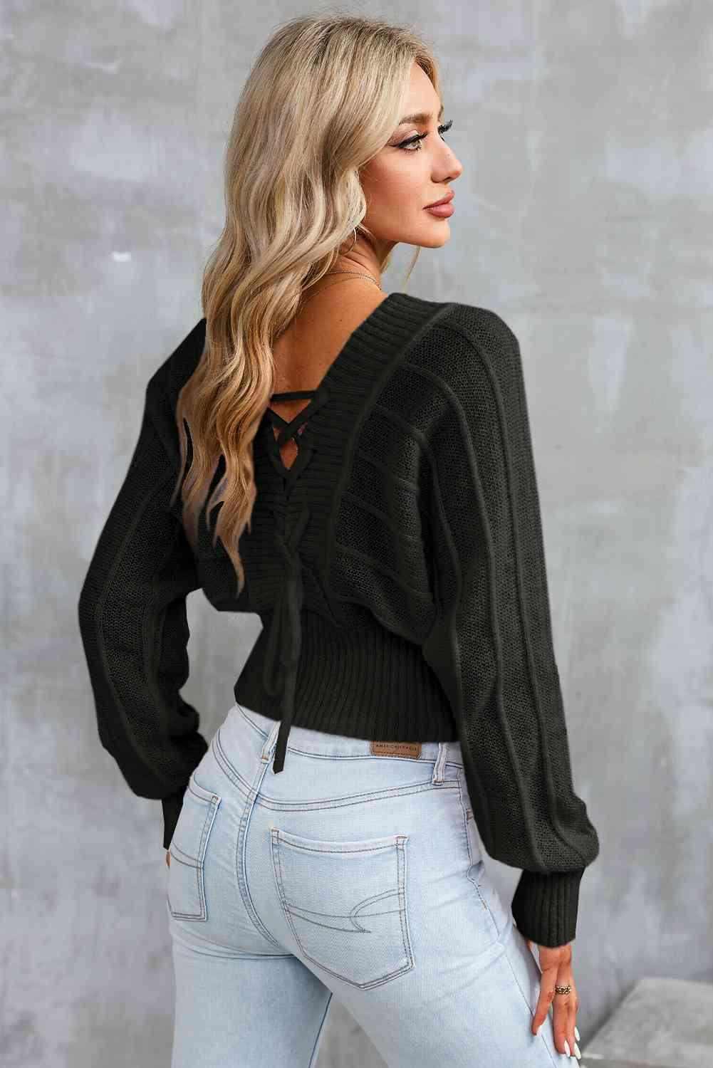 Surplice Neck Lace-Up Sweater - Vesteeto