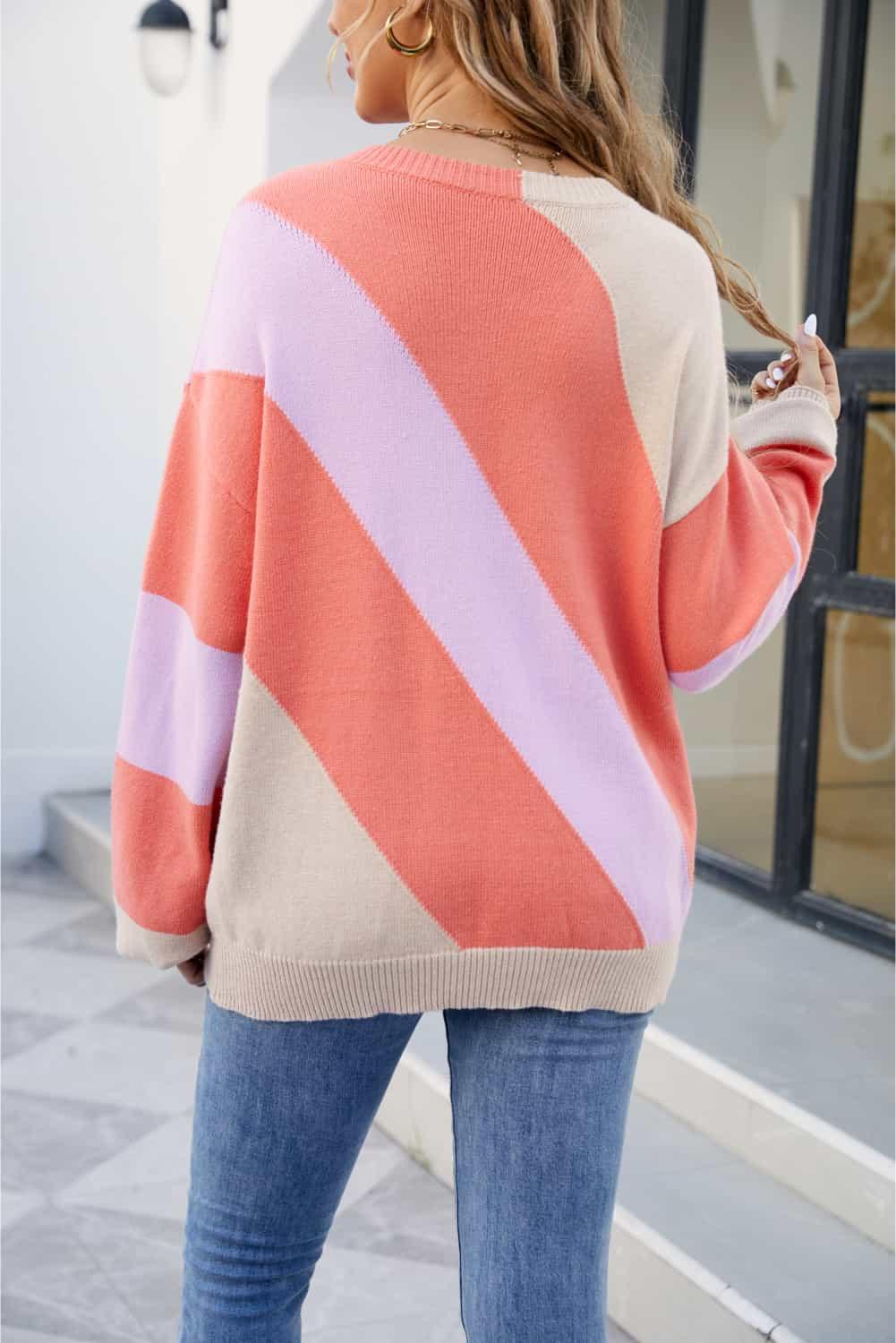Color Block Ribbed Round Neck Sweater - Vesteeto