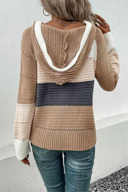 Color Block Drawstring Hooded Sweater - Vesteeto