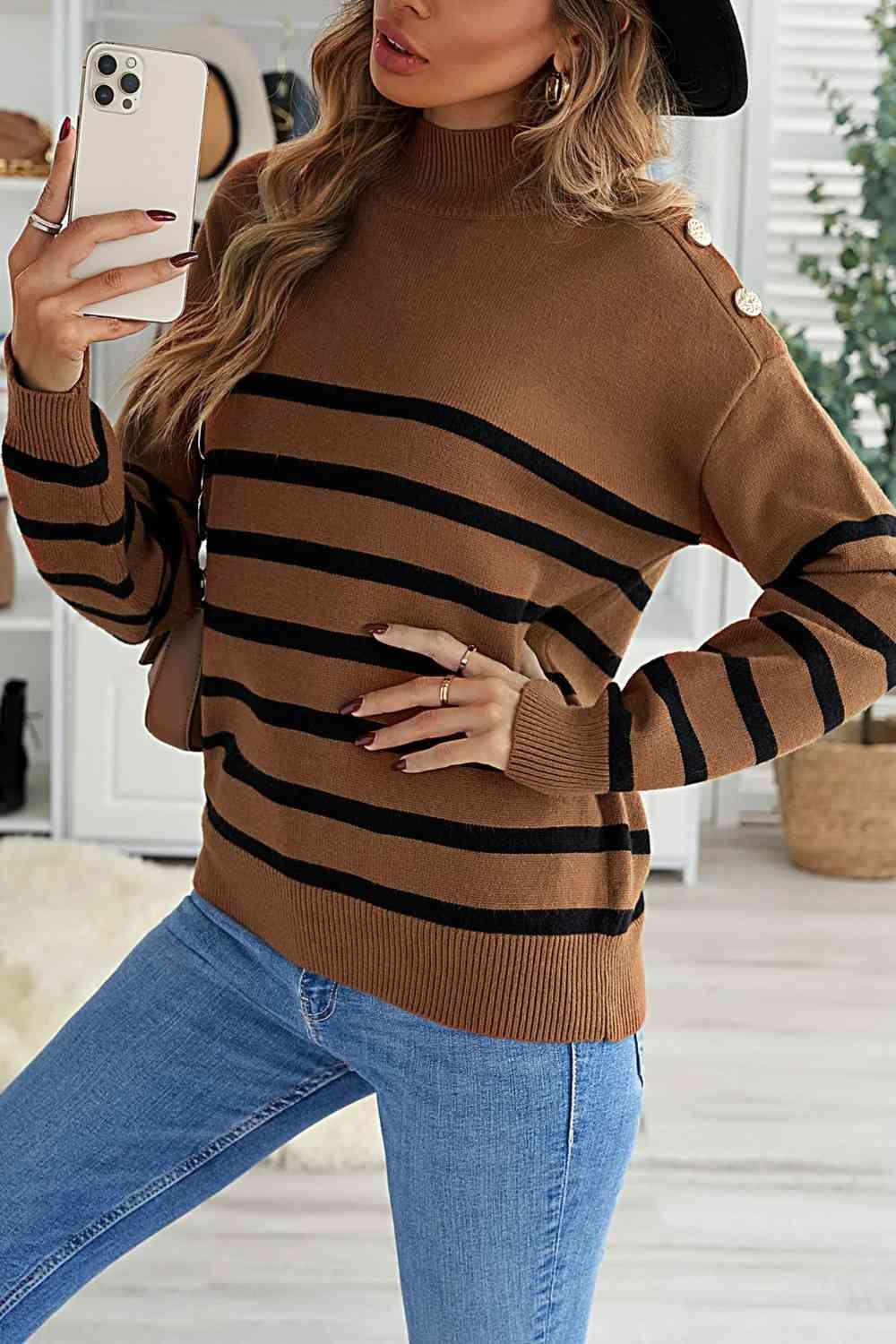 Striped Shoulder Detail Sweater - Vesteeto