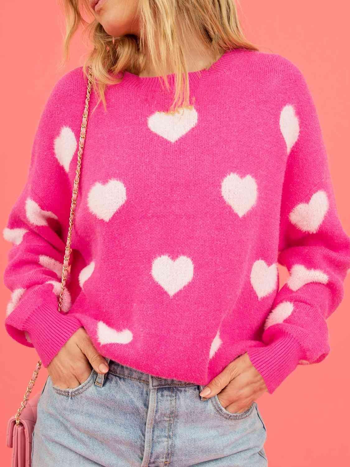 Heart Round Neck Drop Shoulder Sweater - Vesteeto