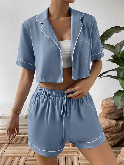 Contrast Lapel Collar Cropped Shirt and Shorts Lounge Set - Vesteeto